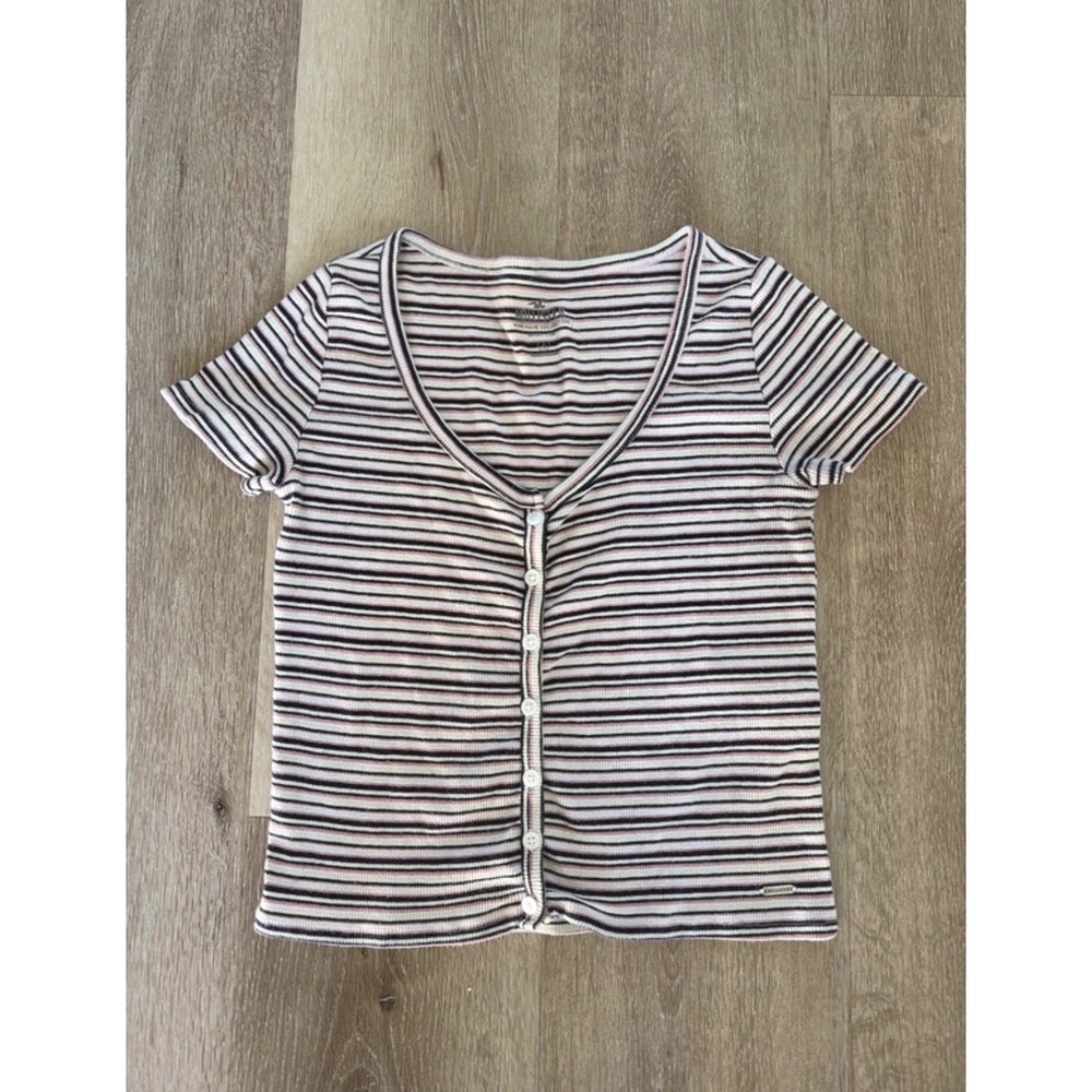 Hollister Must-Have Collection Striped Baby Tee Button Front Ribbed Shirt Small